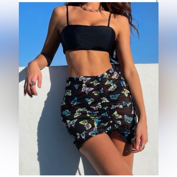 Black mesh butterfly cover up 3 piece bikini vacation beach swimsuit set sz M - Picture 1 of 11